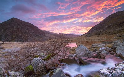 snowdonia, evening, valley, mountains, sunset, wales