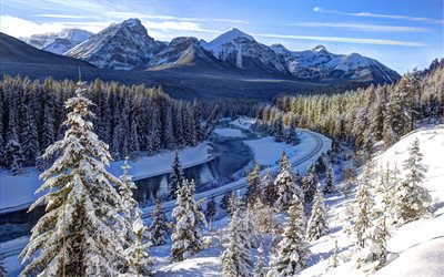winter, river, snow, forest, railway, canada, the bow river