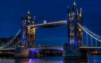 タワーブリッジ, テムズ, 夜, ロンドン, 英国, イギリス
