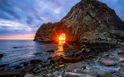 japan, sangamon, red sun, rock, coast, dawn, shore