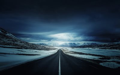 islândia, estrada de asfalto, estrada, inverno, estradas da islândia