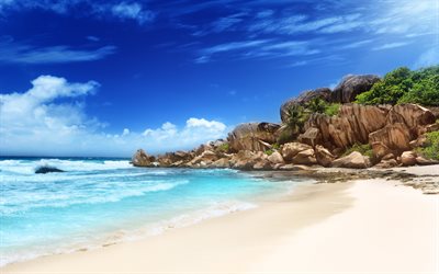 les seychelles, l'océan, la plage, les pierres, les vagues, le paradis