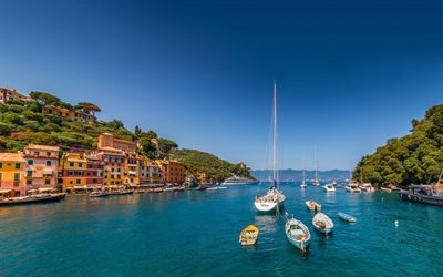 इटली, liguria, portofino, समुद्र, ligurian सागर, नौकाओं, सफेद नौका, खाड़ी