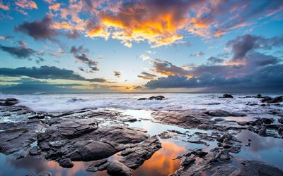 sunset, hawaii, the ocean, wave, stones, maui, coast, shore, dawn