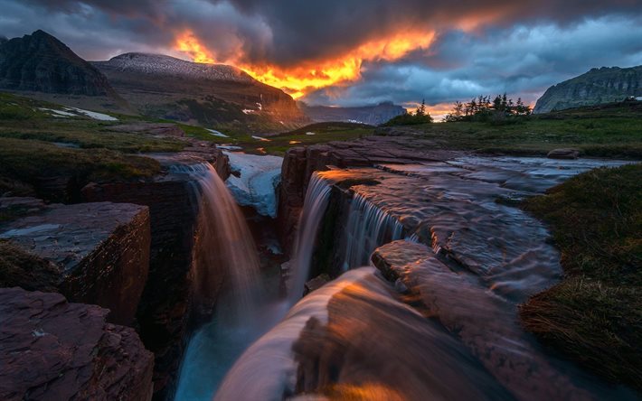 waterfall, sunset, evening, valley, river