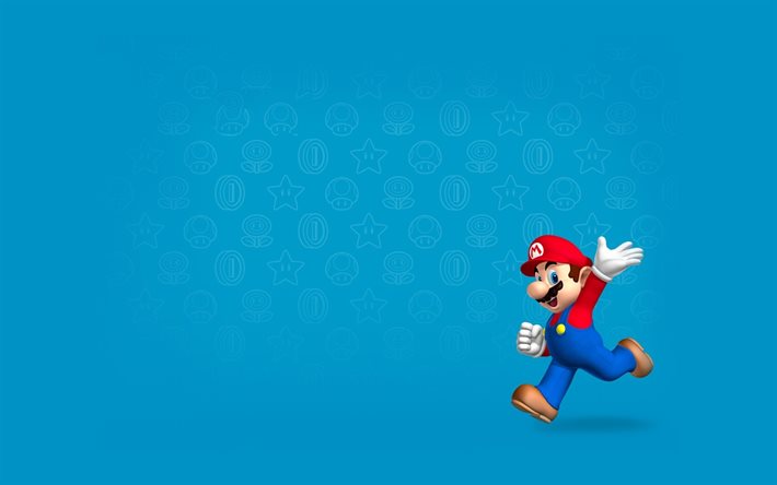 super mario, los personajes, el fondo azul