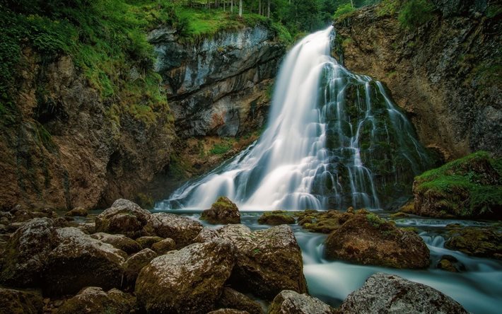 beautiful waterfall, rock, forest, stones