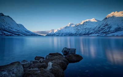 lago congelado, inverno, montanhas, lago, rocha, neve