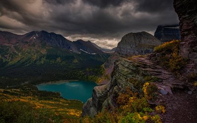 the lake, height, rock, mountains, cloudy sky