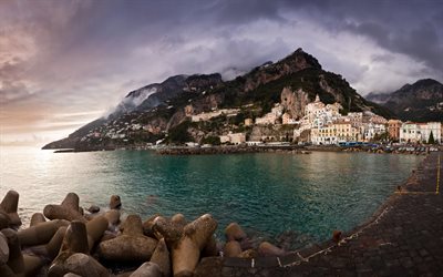 kallio, meri, kaupunki, amalfi, rannikko, amalfin rannikko, italia