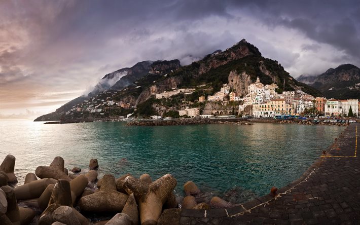 Kaya, deniz, şehir, amalfi coast, ıtaly