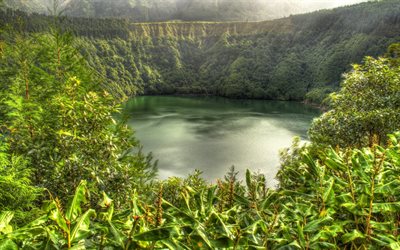 a flooded volcano, forest, volcanic crater, mountains, the lake, portugal, lagoa de santiago