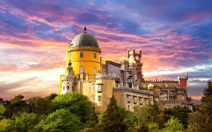 castles of portugal, beautiful castle, tower, the pena palace, sintra, portugal