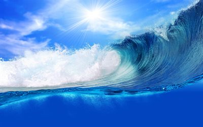 el océano, la gran ola, olas del mar, bajo el agua