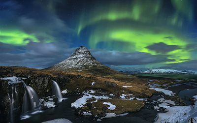 luces del norte, noche, norte, nieve, islandia, kirkjufell