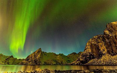 islândia, luzes do norte, noite, norte, montanhas