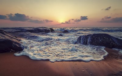 石, ビーチに, 朝, 砂, 波, 夜明け, 海岸, 傷