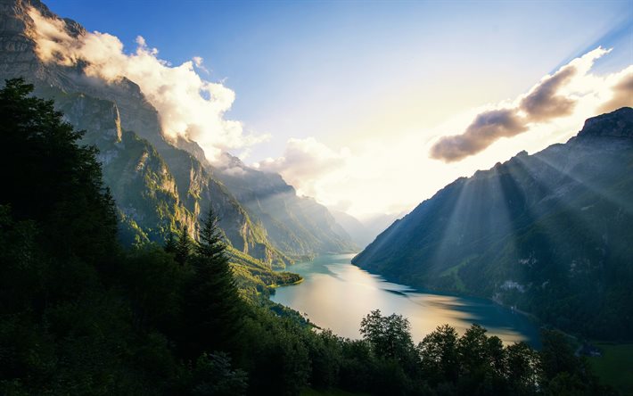 Kaya, orman, göl, dağlar, Şafak, İsviçre Alpleri
