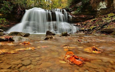 autumn, waterfall, leaves, stream, foliage