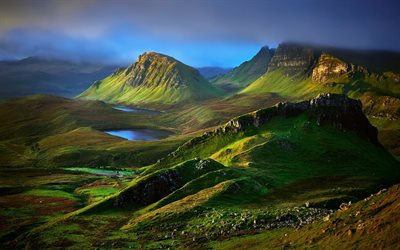 escócia, ilha de skye, lago, nevoeiro, montanhas, planalto