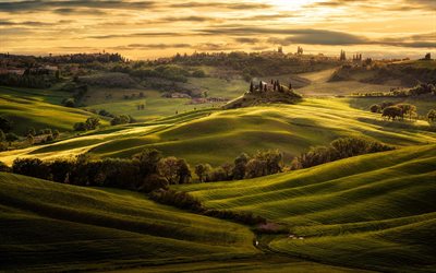 evening, tuscany, italy, sunset, valley, green full