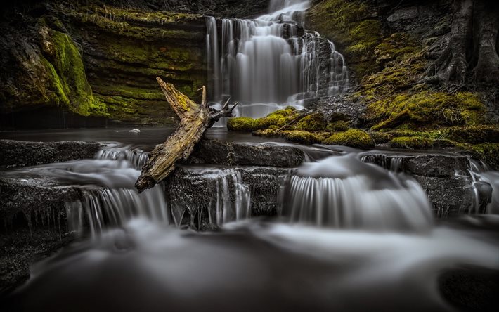 waterfall, stream, rock, stones