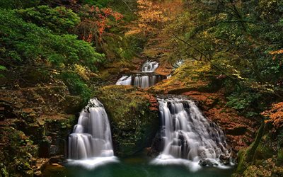 stones, rock, japan, waterfall, autumn, nabari