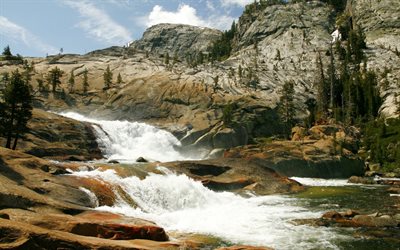 mountain river, mountains, rock, waterfall, usa, yosemite, california, tuolumne