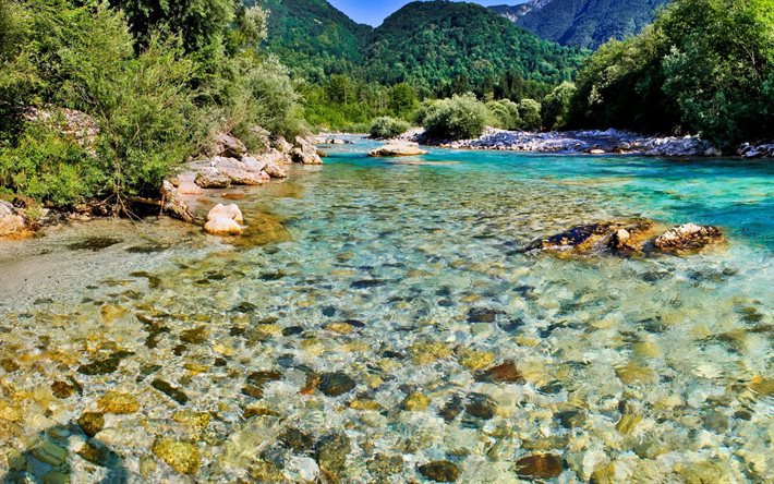 stream, slovenia, pietre, estate, fiume di montagna, bovec