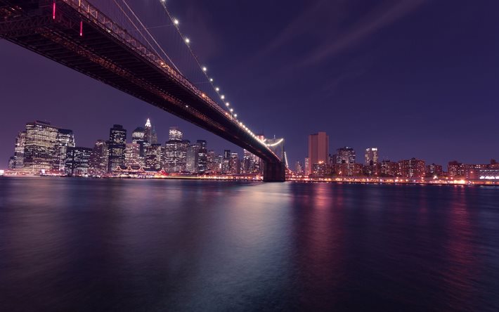 نيويورك, مانهاتن, مساء, بروكلين, النهر الشرقي, جسر بروكلين, الولايات المتحدة