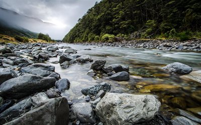 Güney Adası, Yeni Zelanda, taşlar, koruma topluluğu, nehir, dağlar, sis, dağ, te-wai-pounamu