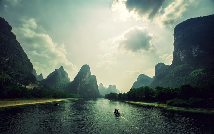 evening, mountains, vietnam, boats, river