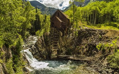 mountains, hut, forest, crystal river, mountain river, colorado, usa