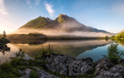 brouillard, matin, le lac, l'été, le calme, l'allemagne, la bavière, les alpes de berchtesgaden