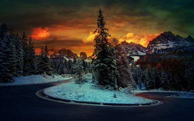 gori, alinci, puesta de sol, nieve, árbol, serpentina, invierno, carretera, montañas, el evento