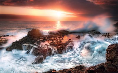 موجة, تصفح, الساحل, المحيط, كاليفورنيا, الفجر, الولايات المتحدة الأمريكية