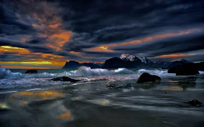 海, 嵐, 山々, 朝, ンローフォテン諸島, ノルウェー