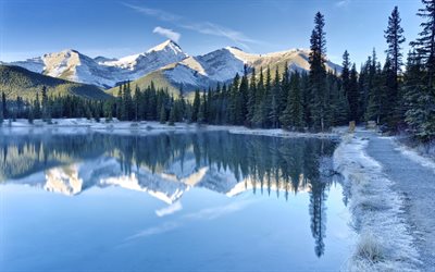 bosque, canadá, la nieve, el lago, el camino, alberta, montañas, invierno, lago de kananaskis