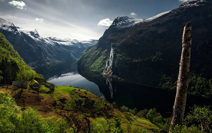 rio, fiorde verde, céu azul, colinas, montanhas, noruega