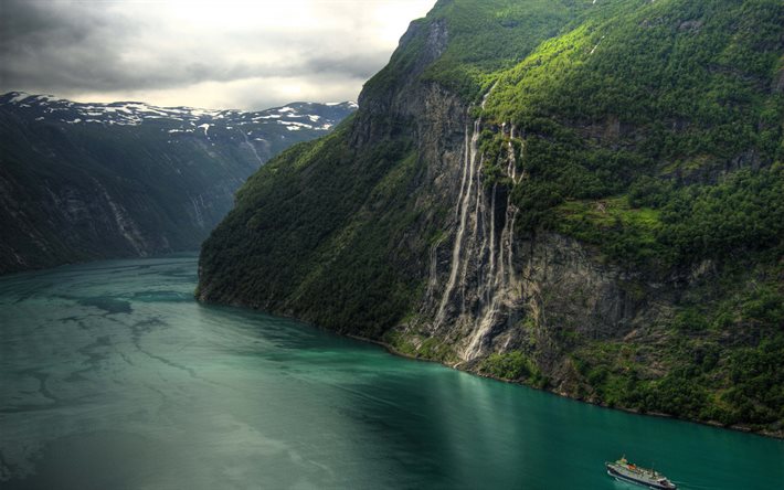 the fjord, waterfall, rock, big lake