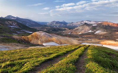 paisagem de montanha, montanhas, kamchatka, colinas, grama verde