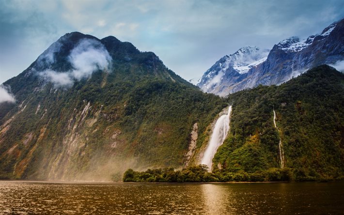 göl, sis, nehir bowen, Yeni Zelanda, dağlar, milford, milford sound