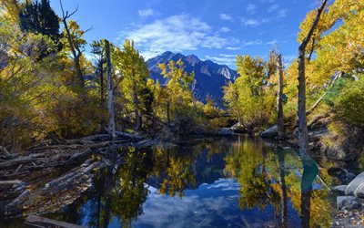 mountains, rock, mountain lake, autumn colors, the lake, reflections, convict lake, eastern sierra