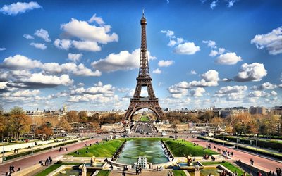 観光, フランス, パリの, 雲, 空, エッフェル塔, 観光客