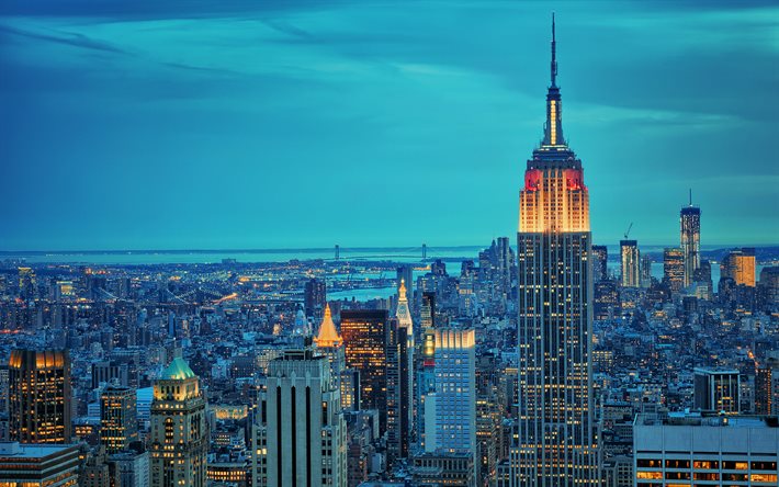 New York, l'Empire State Bulding, gratte-ciel, ville de soirée, le new-yorkais, Amérique, etats-unis