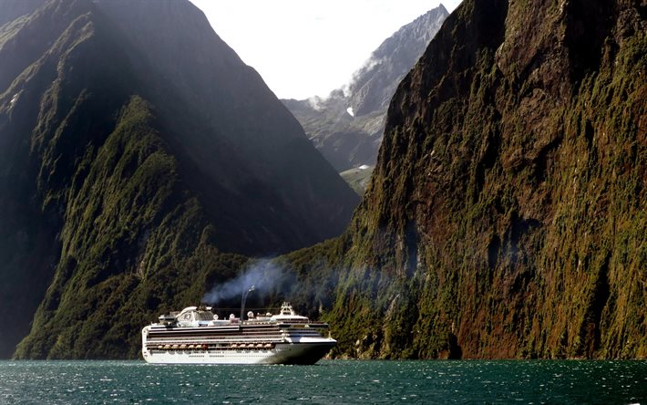 Cruise ship, sea, cliffs, coast, New Zealand