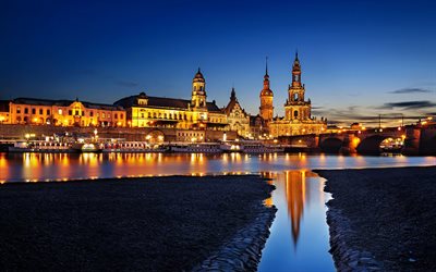 Dresde, noche, luces, puente, río Elba, Alemania, Germany
