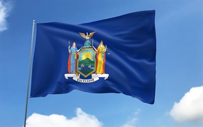 フラッグポールのニューヨークフラグ, 4k, アメリカの州, 青空, ニューヨークの旗, 波状のサテンの旗, 米国の状態, 旗のある旗竿, アメリカ, ニューヨークの日, アメリカ合衆国, ニューヨーク