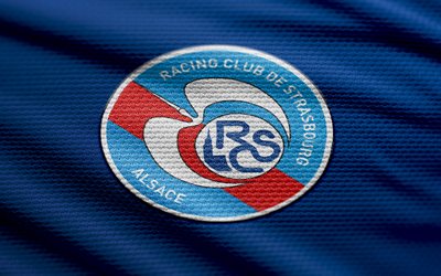 rc strasbourg alsace fabric logo, 4k, fond de tissu bleu, ligue 1, bokeh, football, rc strasbourg alsace logo, rc strasbourg alsace emblem, rc strasbourg alsace, club de football français, strasbourg alsace fc