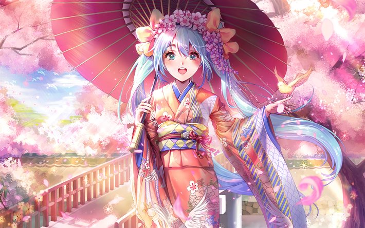 hatsune miku, printemps, vocaloïde, protagoniste, kimono, manga, parapluie, personnages vocaloïdes, chanteurs virtuels japonais, hatsune miku vocaloid